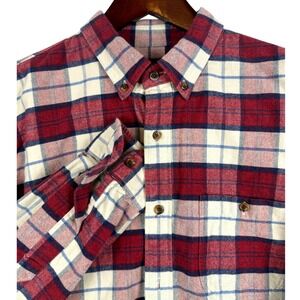 J. Crew Mens Large L Flannel Shirt Red Plaid Button Up Long Sleeve Elbow Patch